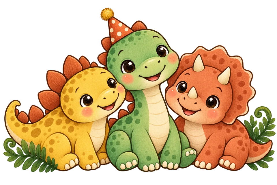 Three little dinosaur friends in party colors.
